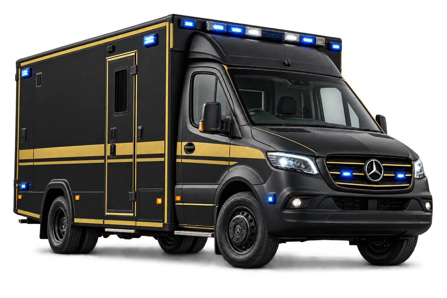 UK-style Mercedes-Benz box ambulance in black and gold with blue emergency lights